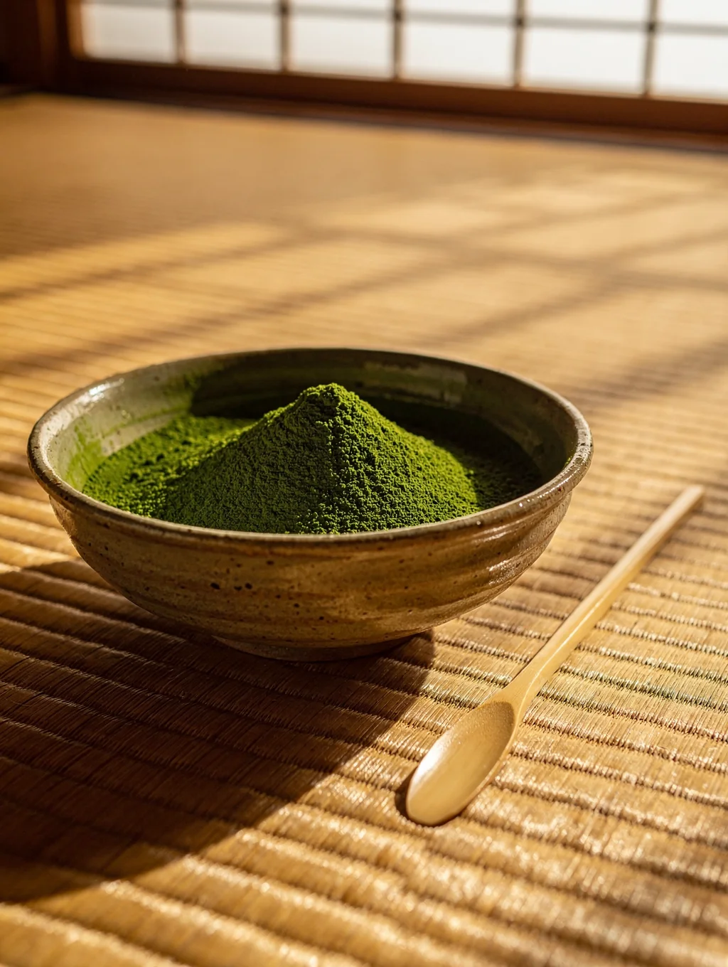 Vibrant green ceremonial matcha powder in a traditional Japanese ceramic chawan bowl with bamboo chashaku scoop