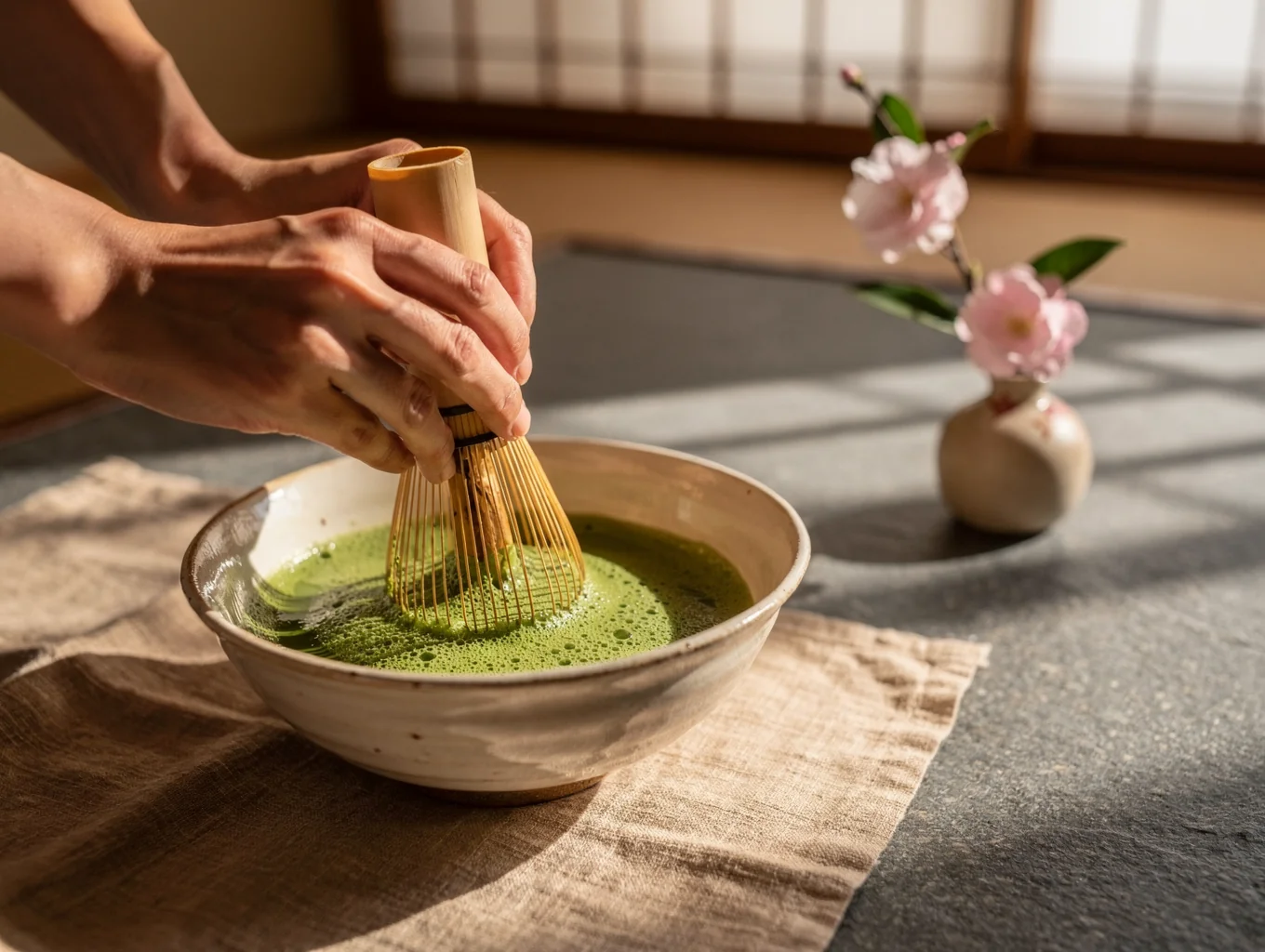 Préparation traditionnelle du thé matcha au fouet en bambou chasen